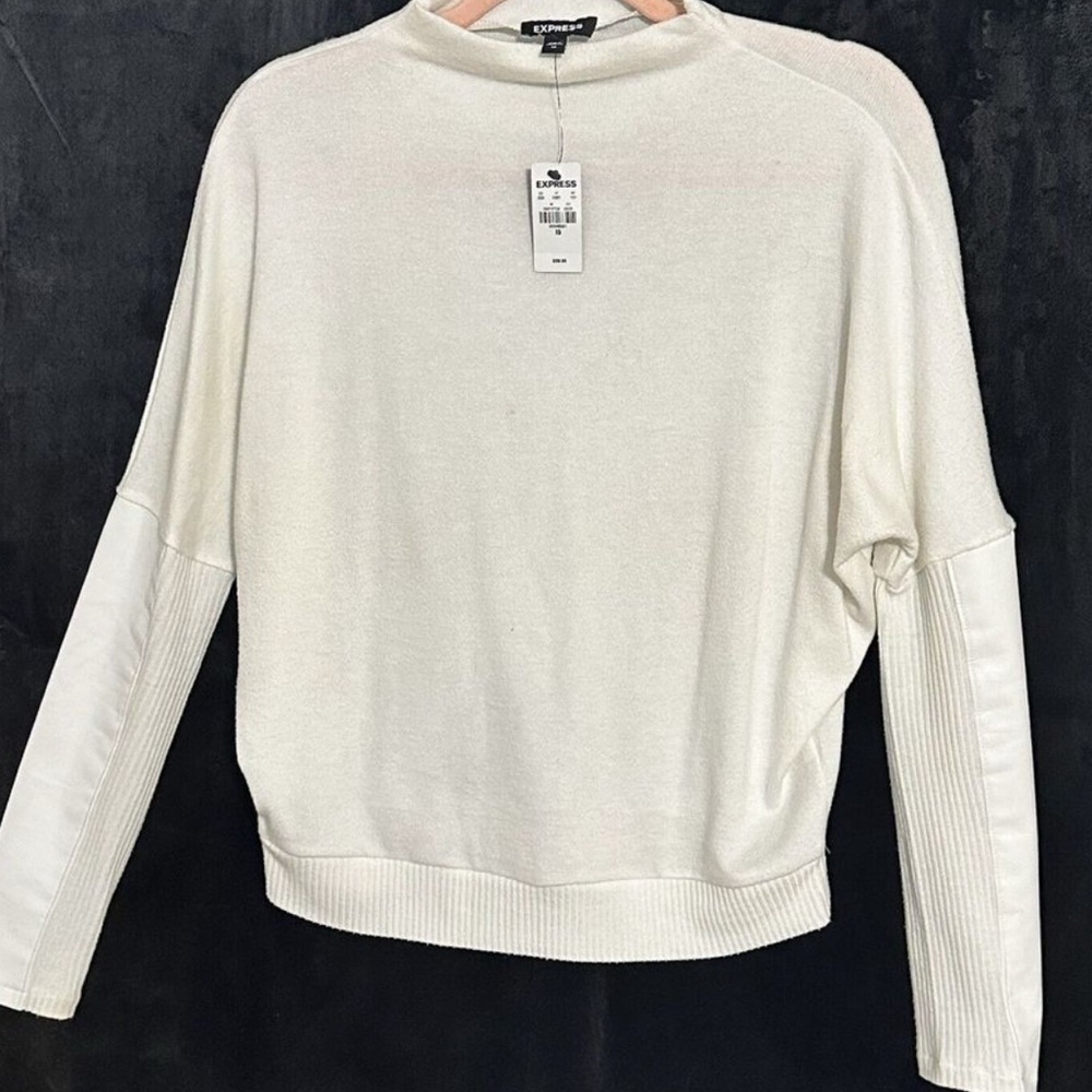 Express Sweater Womens Ivory XS Faux Leather Sleeve Accent Long Sleeve NWT